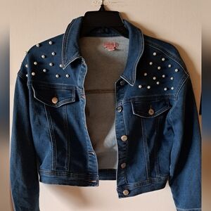 Lucky Brand Petite Cropped Blue Denim Jacket with Pearl Accents